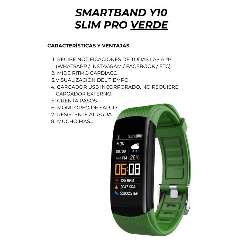 GENERICO - Smartband Banda Inteligente Y10 SlimPro Sport  Iphone-Samsung Verde