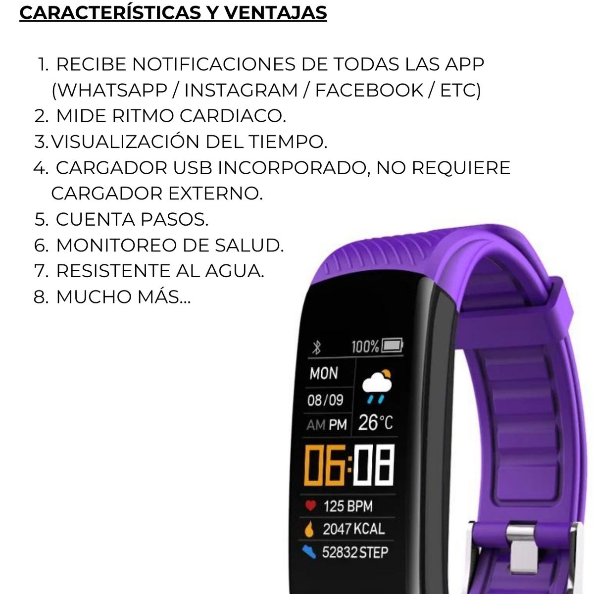 GENERICO - Smartband Banda Inteligente Y10 SlimPro Sport  Iphone-Samsung Morado