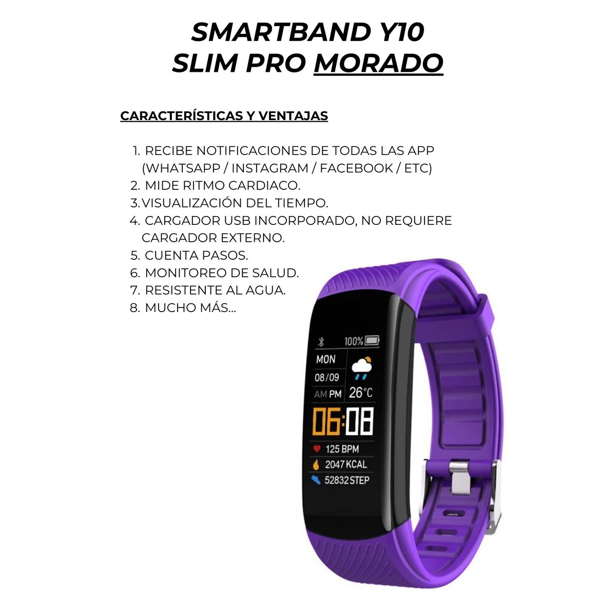 GENERICO - Smartband Banda Inteligente Y10 SlimPro Sport  Iphone-Samsung Morado