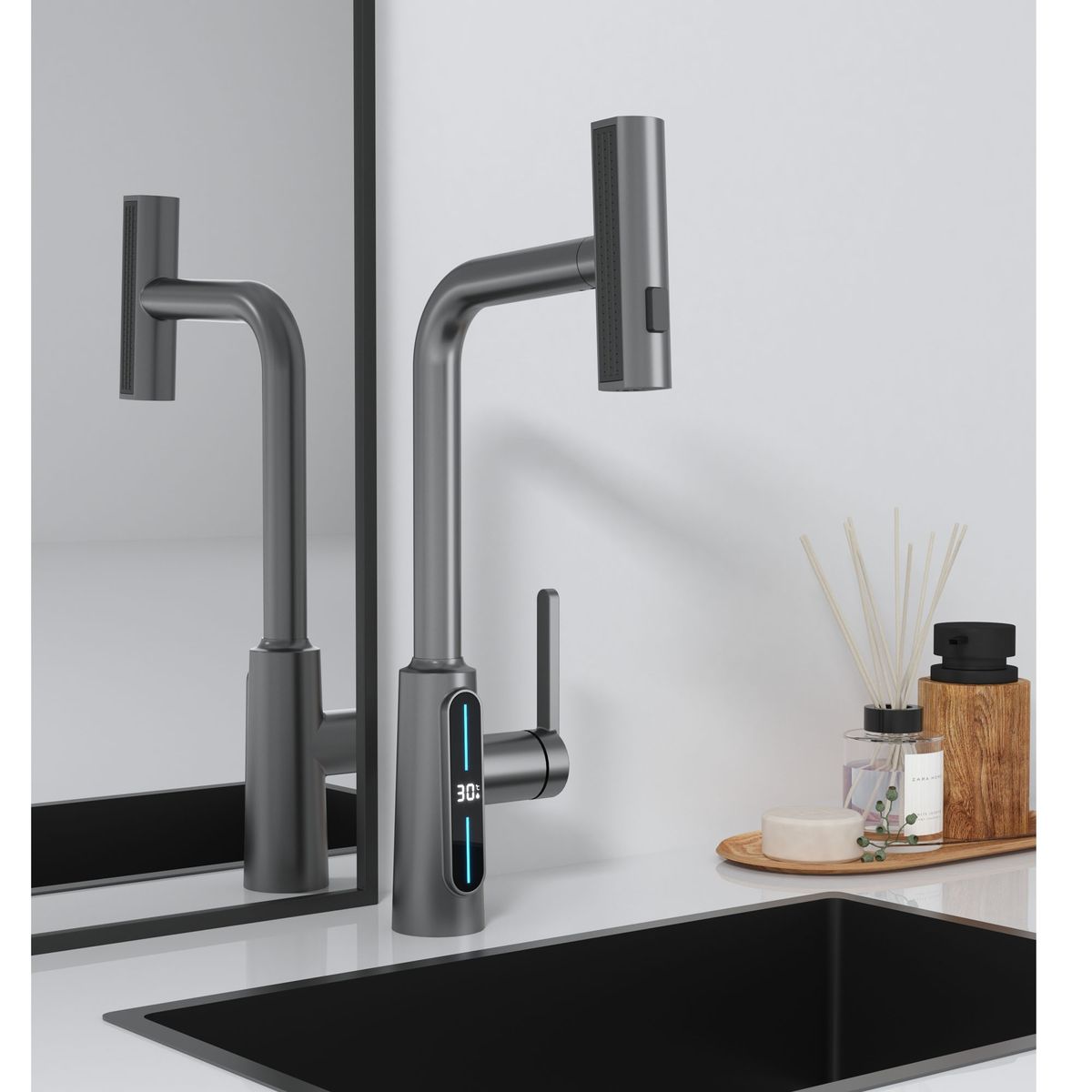 SHOOT - Llave monomando extensible Gris Acero ShootHome visor digital