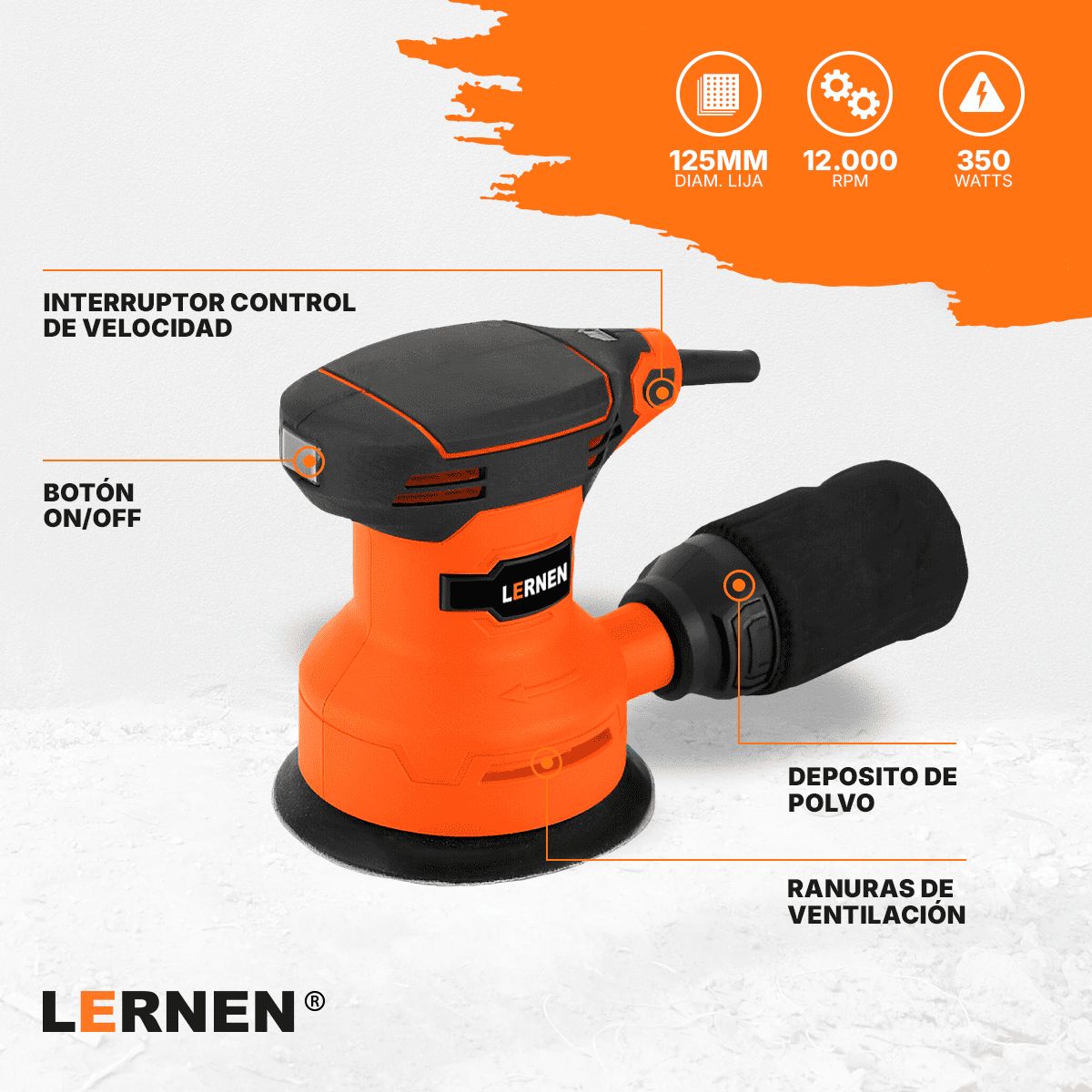 LERNEN - Lijadora Roto Orbital Lernen 350 W - Con Lijas De Repuesto