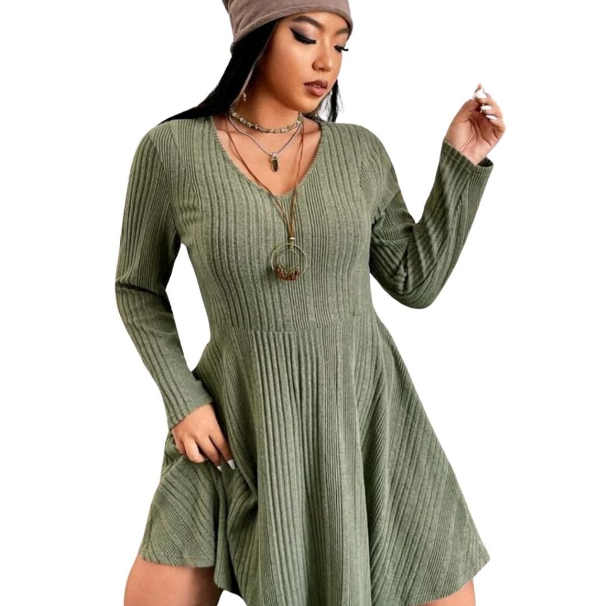 GENERICO - VESTIDO ACAMPANADO CUELLO V MANGA LARGA IDEAL PARA FIESTA
