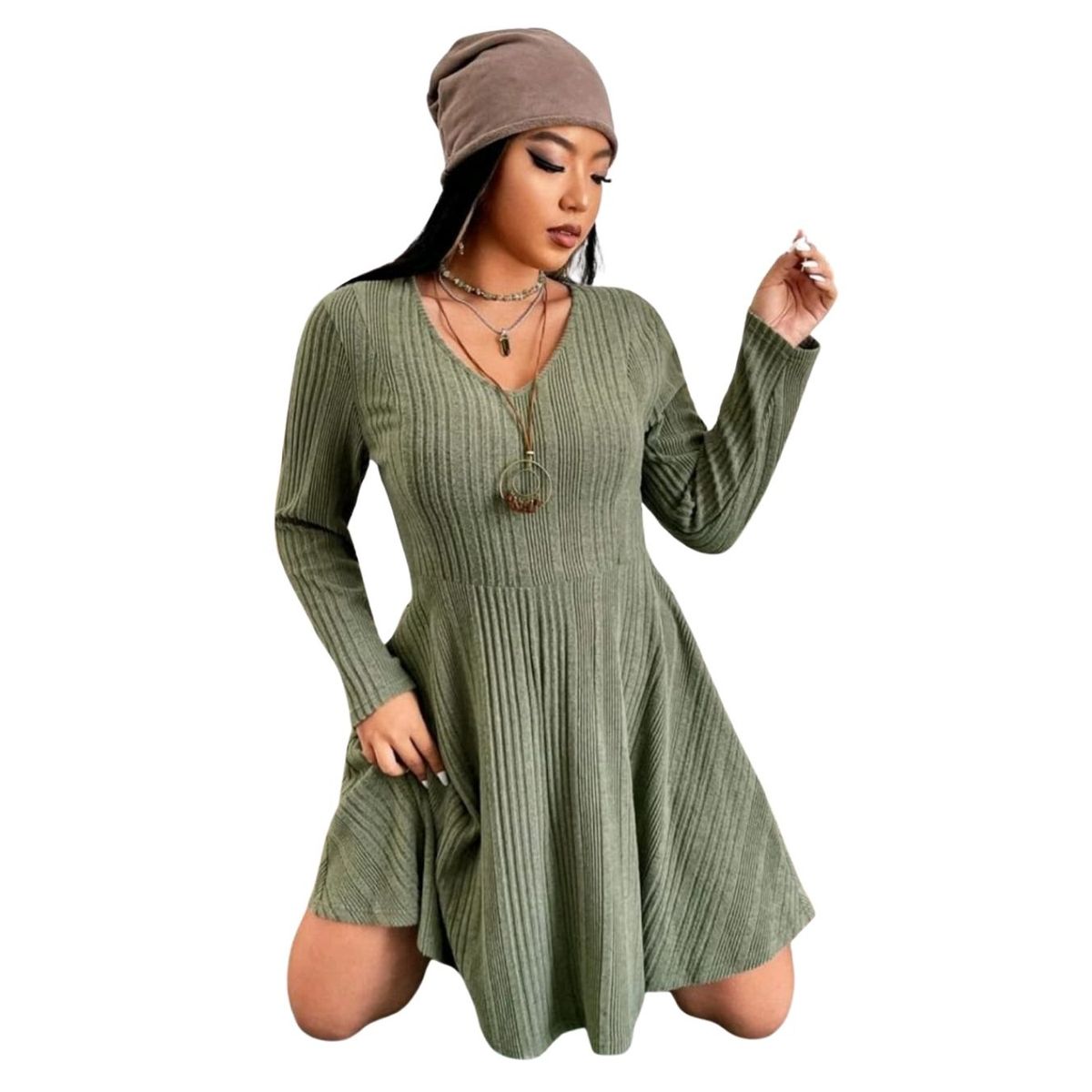 GENERICO - VESTIDO ACAMPANADO CUELLO V MANGA LARGA IDEAL PARA FIESTA