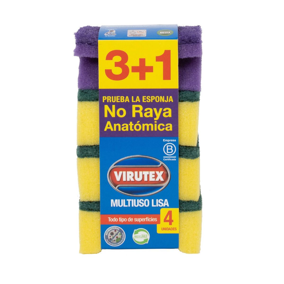VIRUTEX - Esponja X4 Multiuso Antibacterial Lisa Virutex