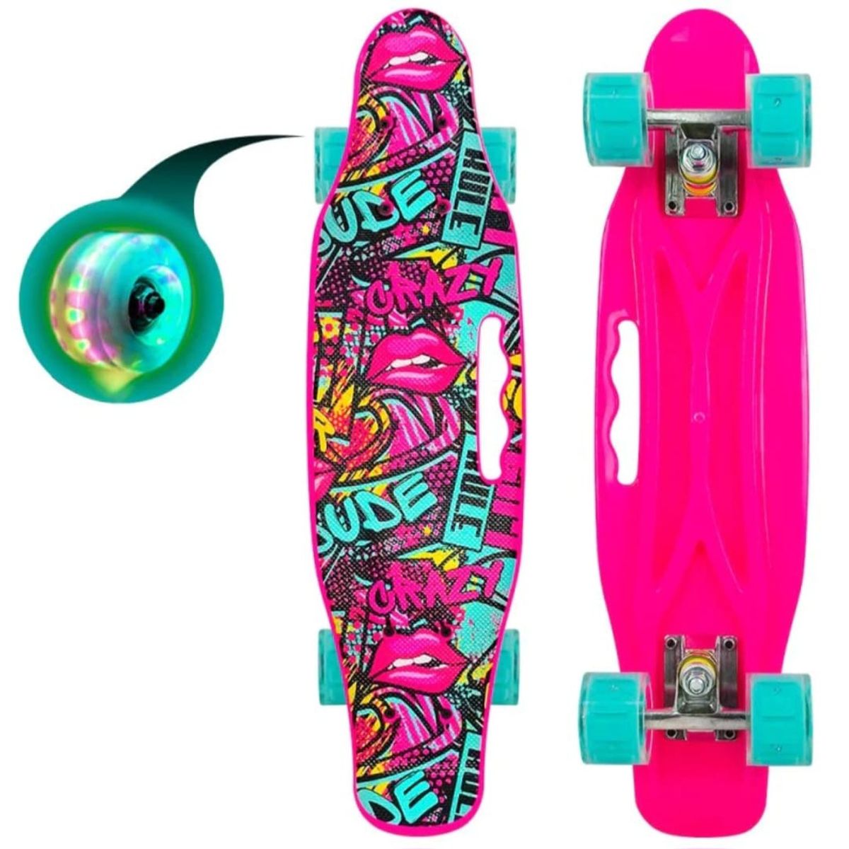 GENERICO - Skate Clásico Patineta Fucsia Kiss, Ruedas Led