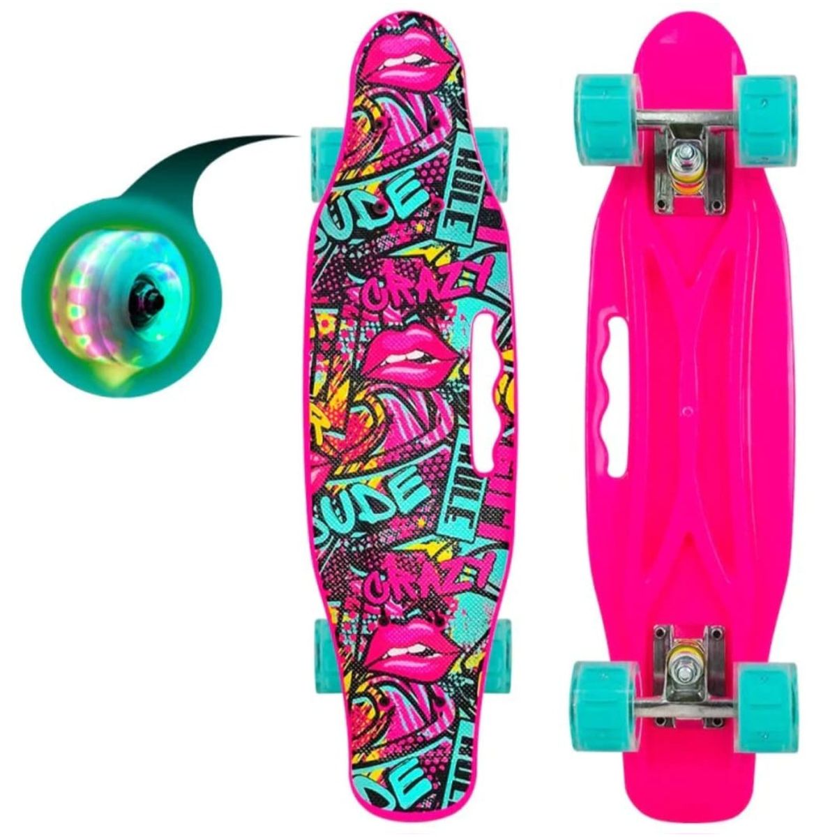 GENERICO - Skate Clásico Patineta Fucsia Kiss, Ruedas Led