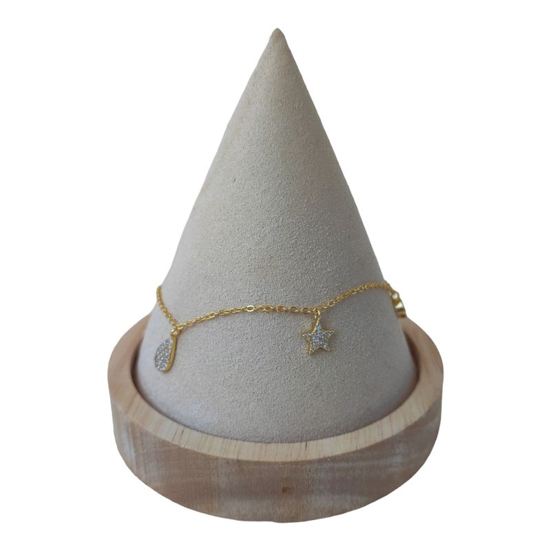 GENERICO - Tobillera media luna estrellas circones de plata 925 bañada en oro 18k