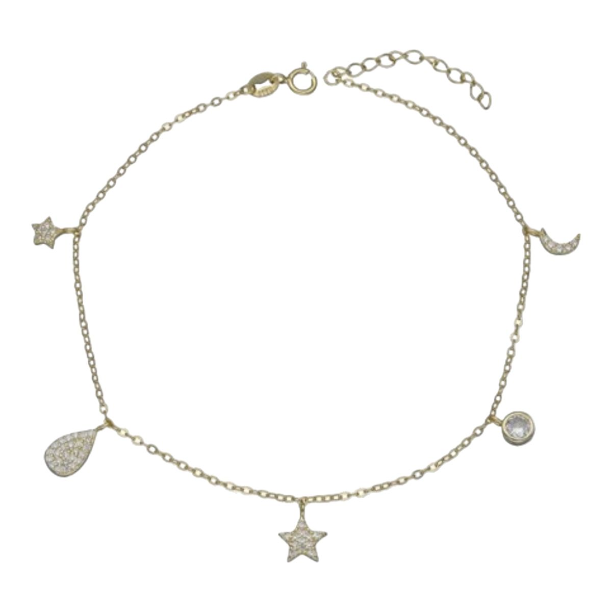 GENERICO - Tobillera media luna estrellas circones de plata 925 bañada en oro 18k