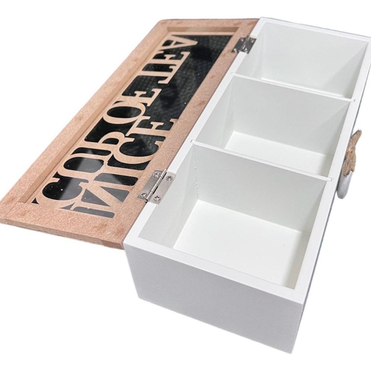 OEM - Caja De Té Mediana De Madera 3 Espacios Con Corazon - Blanco