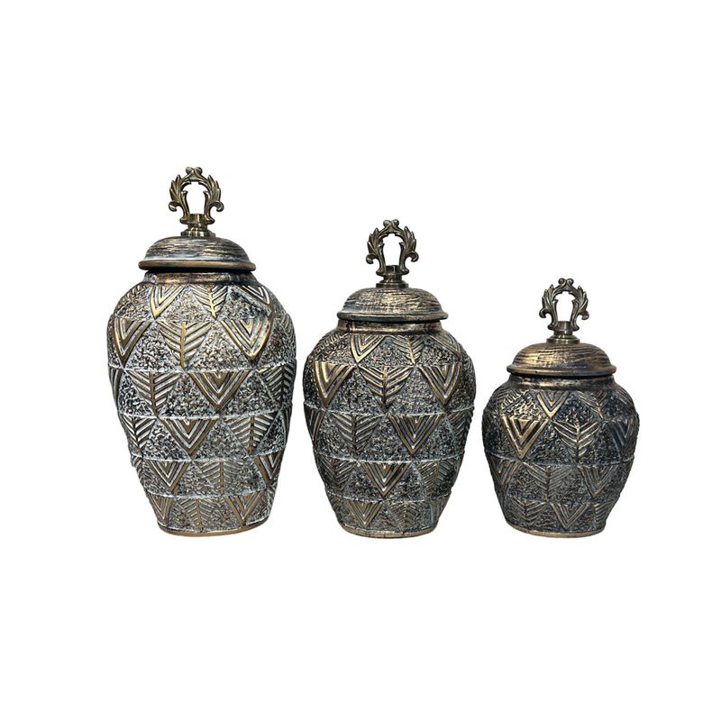 GENERICO - Pack De Tres Jarrones Decorativos Con Tapa Adornos Gris