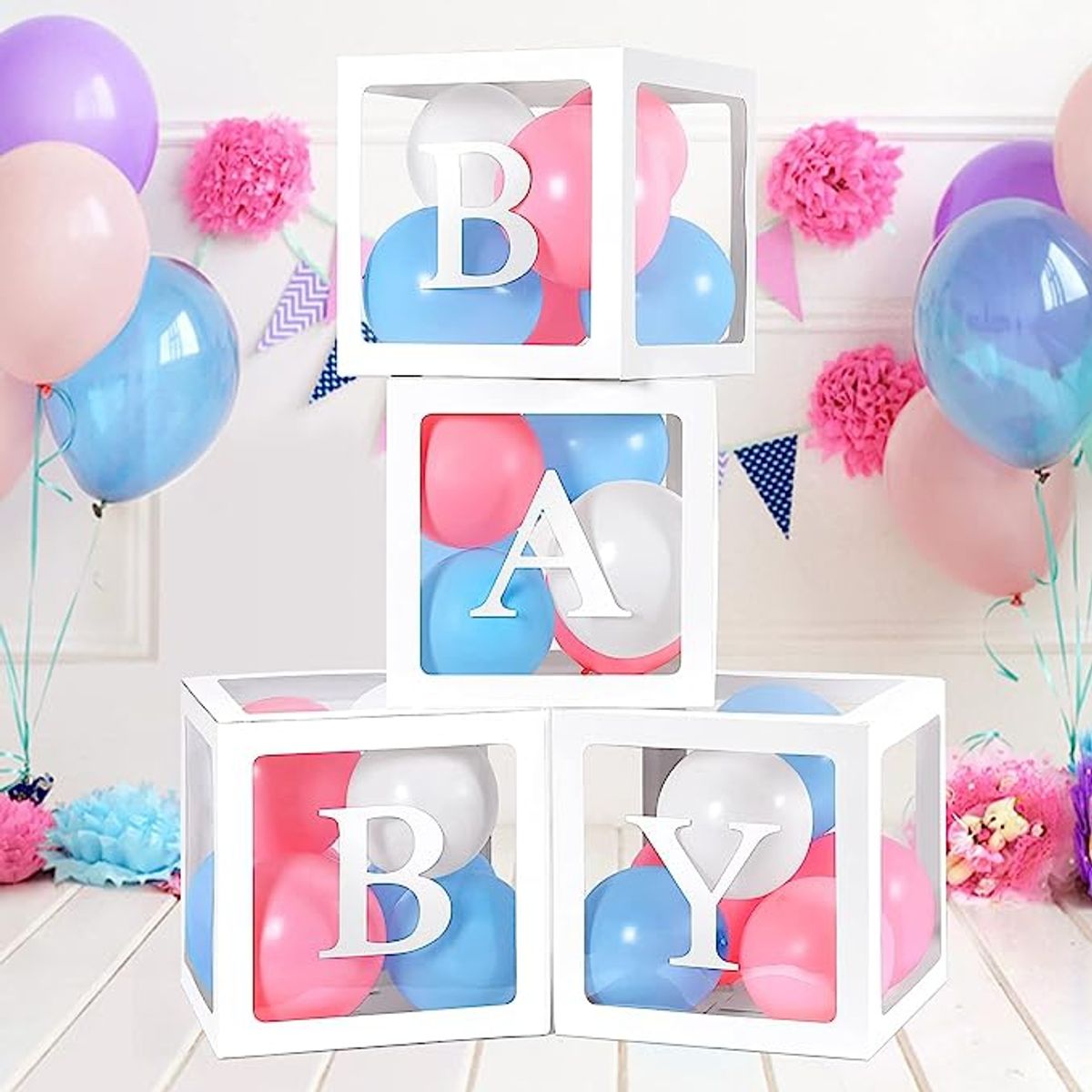 EDWINAYY - Set 4 Cubos Cajas Para Globos Baby Shower Decoración-blanco