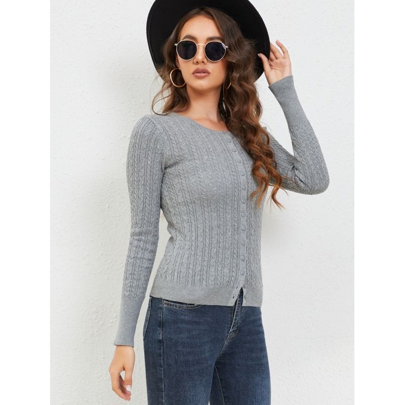 MOSS ROSE - Jersey de manga larga y cuello redondo abotonado para mujer
