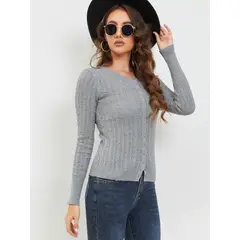 MOSS ROSE - Jersey de manga larga y cuello redondo abotonado para mujer