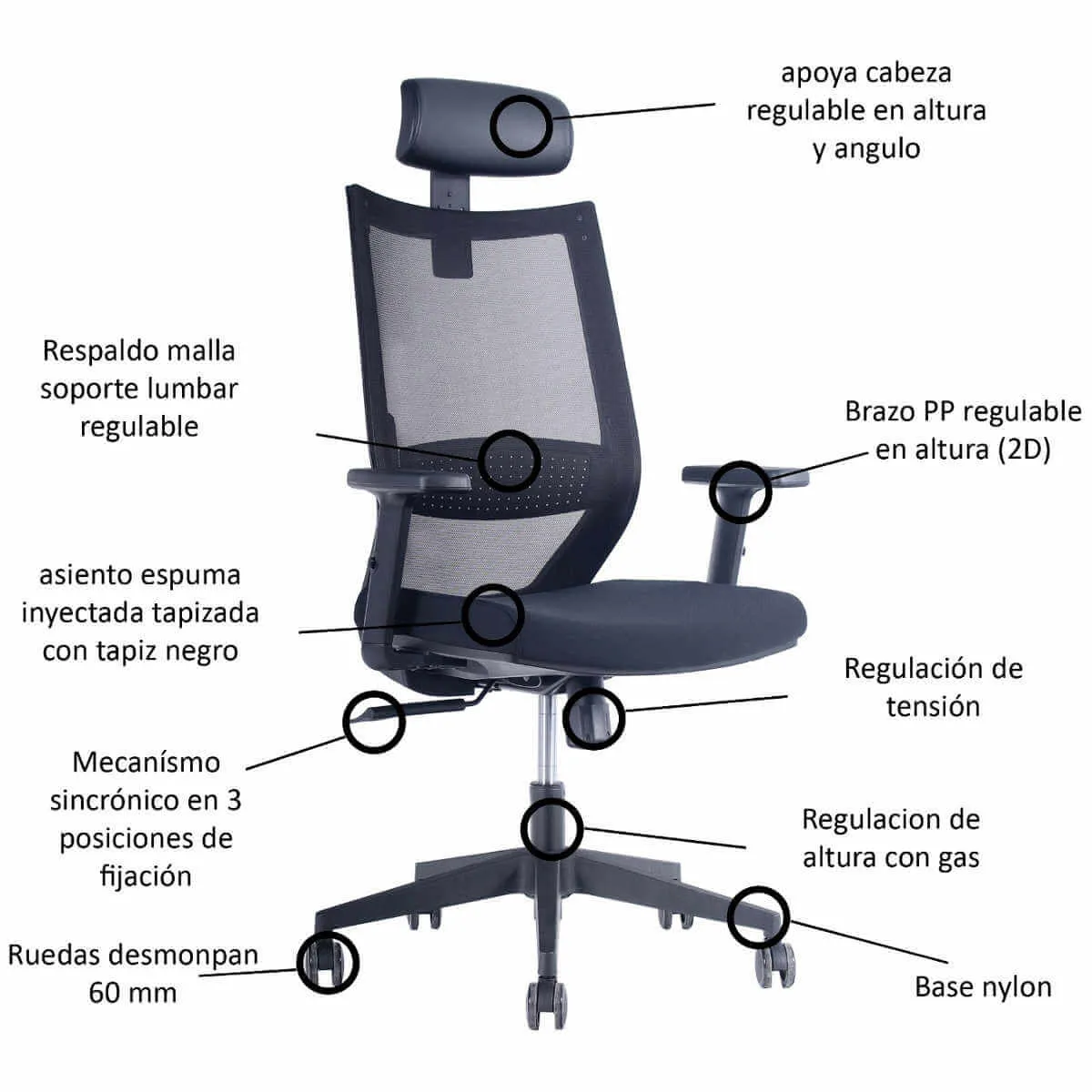 BOOKSTORE - Silla ergonómica Lena con Brazos y  Cabecero color negro