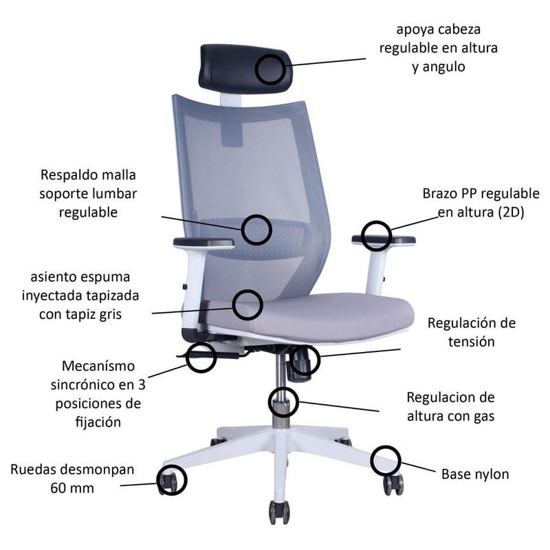 BOOKSTORE - Silla ergonómica Lena con Brazos y  Cabecero color Gris