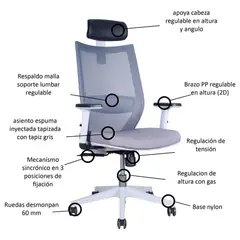 BOOKSTORE - Silla ergonómica Lena con Brazos y Cabecero color Gris