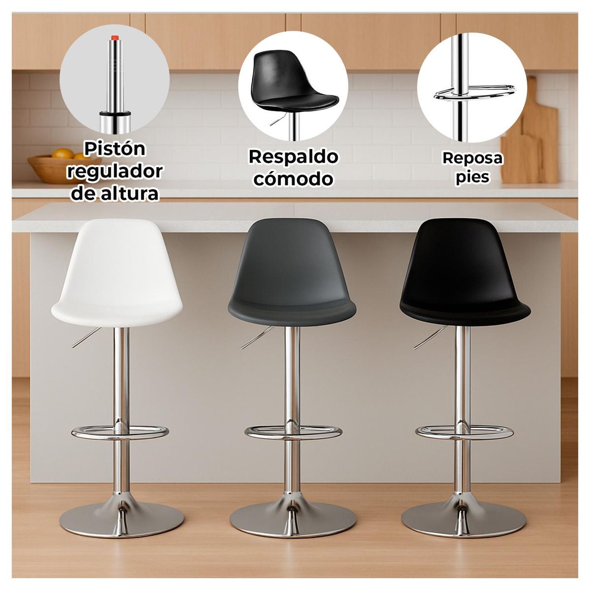 GLOBAL LATIN GROUP - Pack 4 Silla Piso bar Eame de Altura Regulable con Respaldo - Blanco