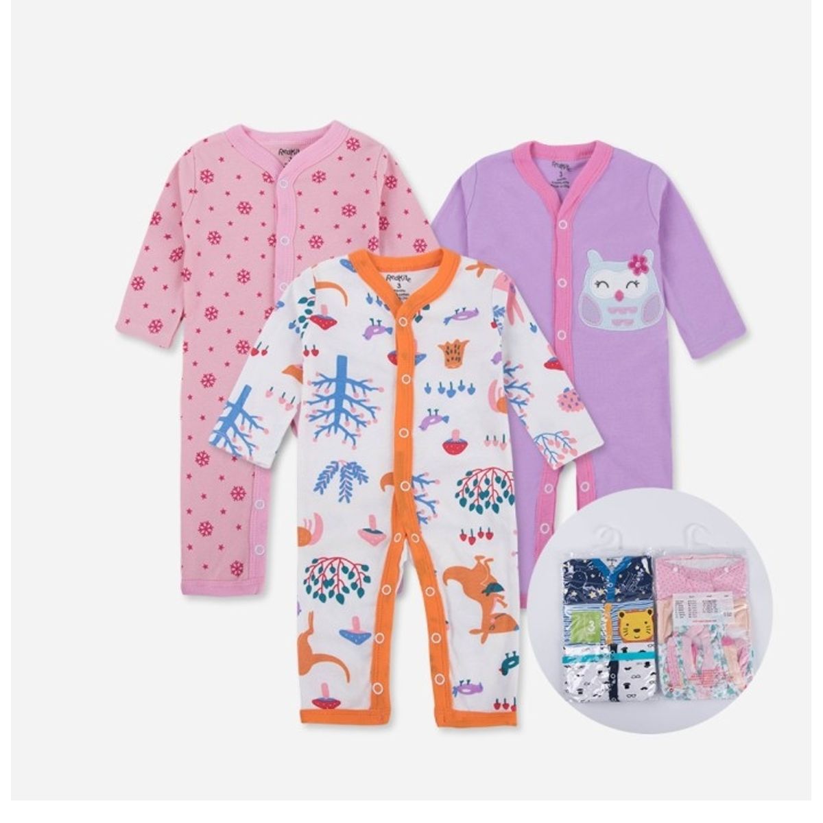 GENERICO - Set 3 Pijamas Ositos Enteritos Niña. Modelos Variados De Algodón