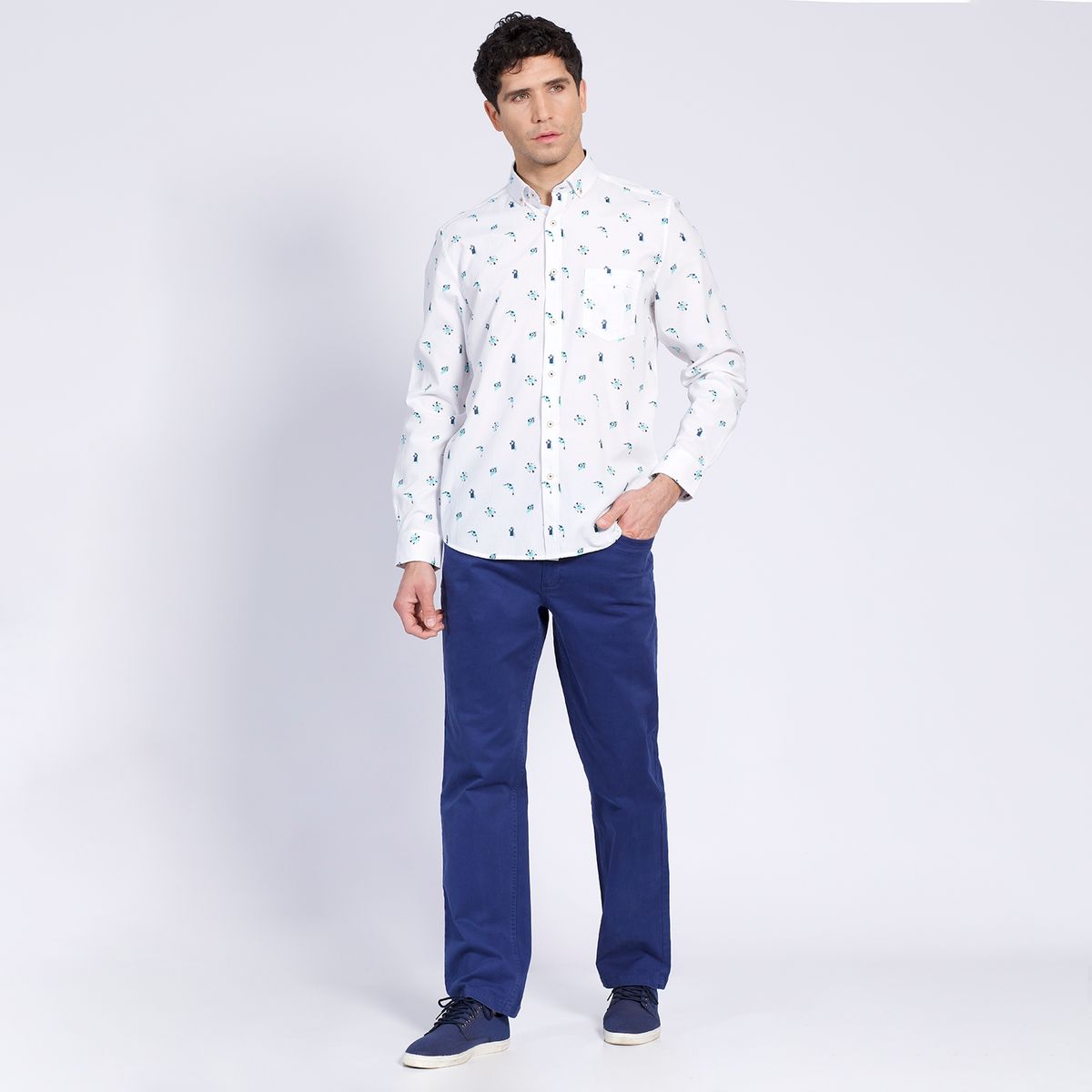 TRUVAL - Camisa Manga Larga Oxford Estampada Slim Fit Botón Cuello Azul TRUVAL