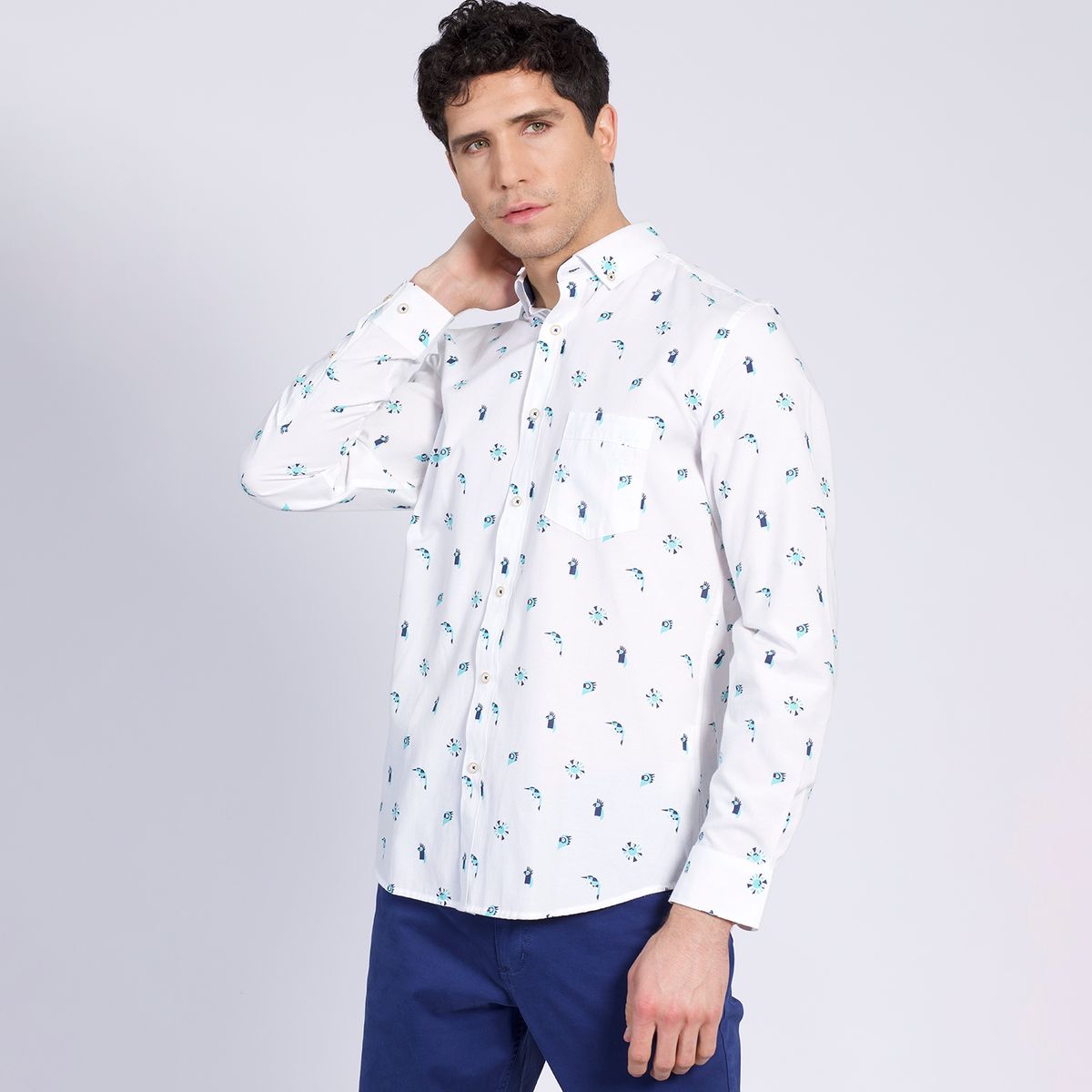 TRUVAL - Camisa Manga Larga Oxford Estampada Slim Fit Botón Cuello Azul TRUVAL