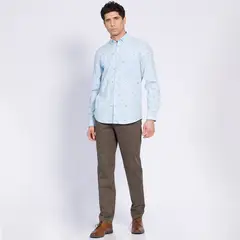 TRUVAL - Camisa Manga Larga Oxford Estampada Slim Fit Botón Cuello Celeste