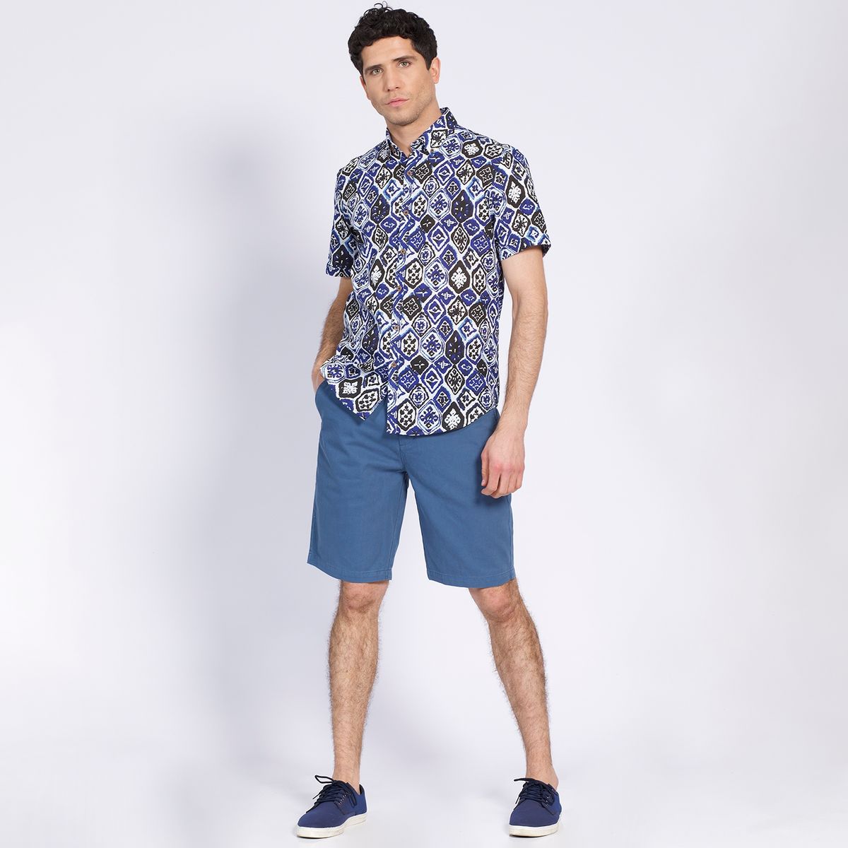 TRUVAL - Camisa Manga Corta Estampada Diseño Slim Fit Botón Cuello Azul TRUVAL