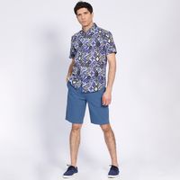 Camisa Manga Corta Estampada Diseño Slim Fit Botón Cuello Azul