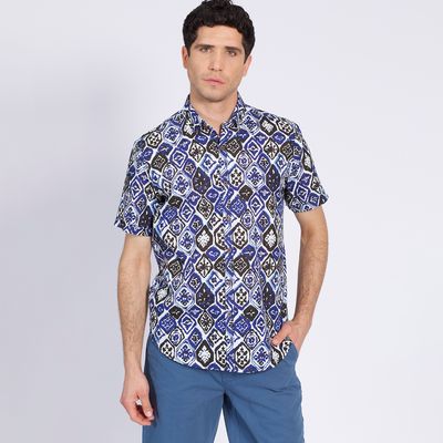 Imagen 2 del producto Camisa Manga Corta Estampada Diseño Slim Fit Botón Cuello Azul