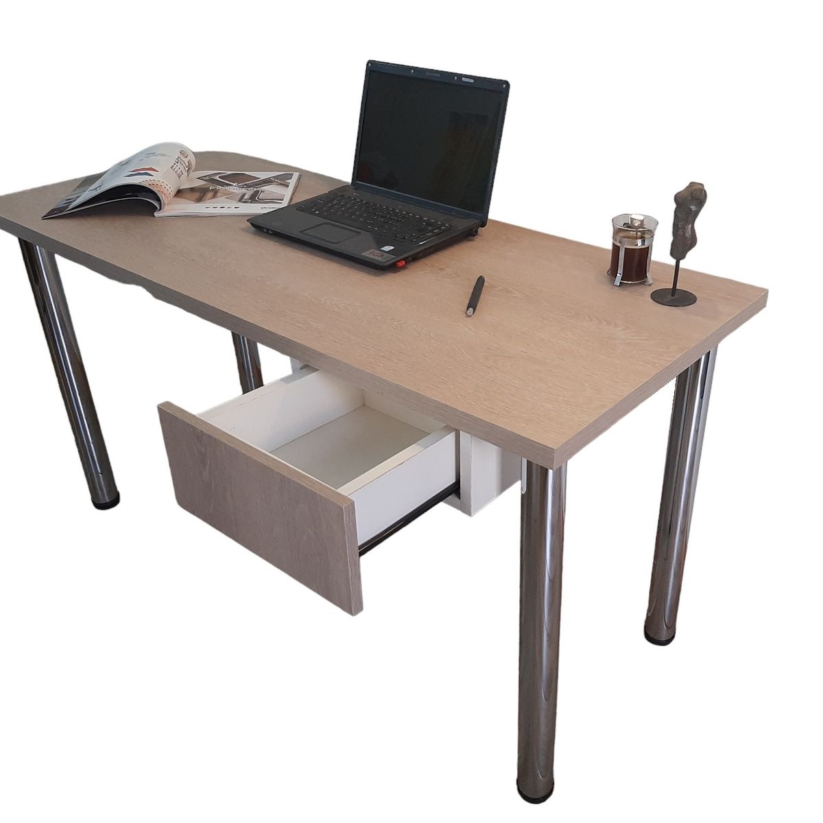 GENERICO - Escritorio 140 x 60 con patas tubulares, cajonera suspendida pequeña