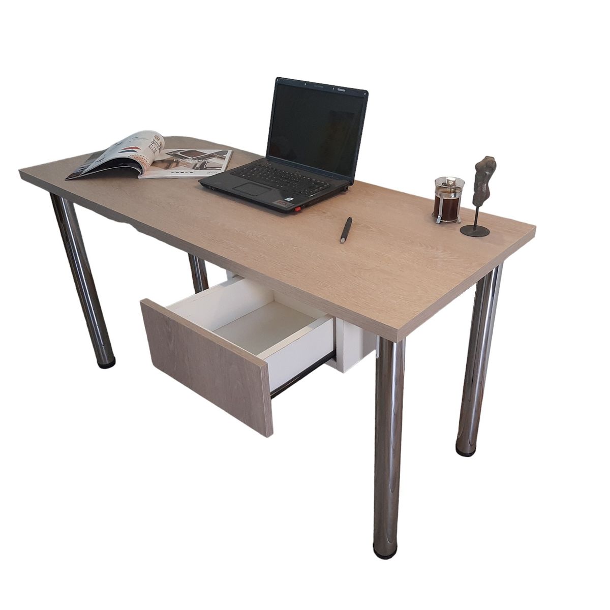 GENERICO - Escritorio 140 x 60 con patas tubulares, cajonera suspendida pequeña