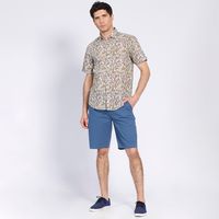 Camisa Manga Corta Estampada Diseño Slim Fit Botón Cuello Café