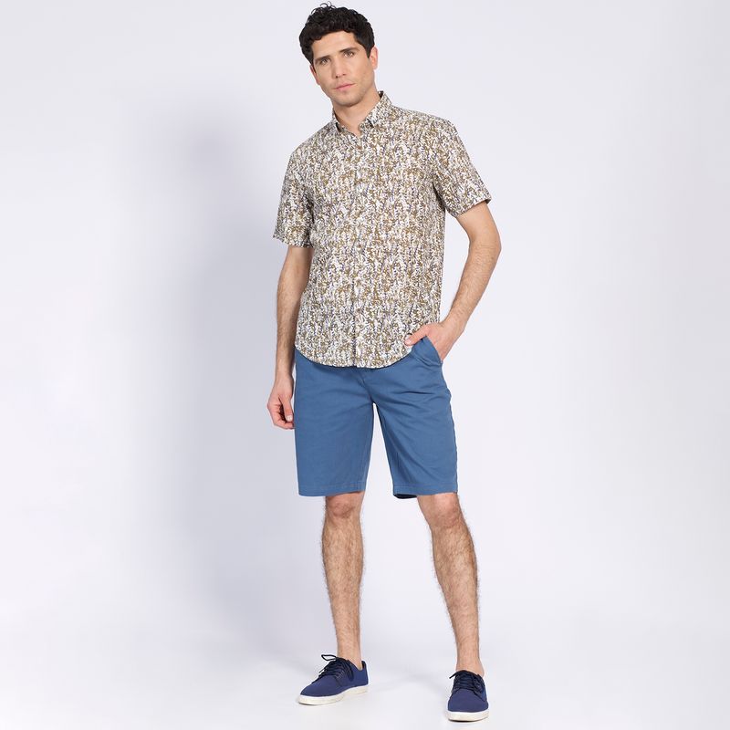 TRUVAL - Camisa Manga Corta Estampada Diseño Slim Fit Botón Cuello Café TRUVAL