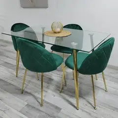 CORI CORI - Juego de comedor vidrio 130x 80 y 4 Gold Velvet Verde