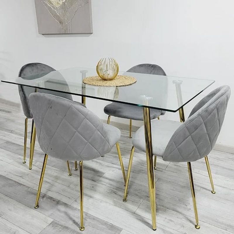 CORI CORI - Juego de Comedor vidrio 130x 80cm + 4 Sillas Bread Gold Velvet Gris