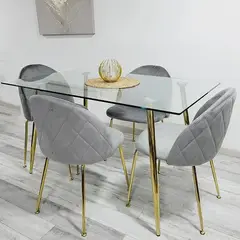 CORI CORI - Juego de Comedor vidrio 130x 80cm + 4 Sillas Bread Gold Velvet Gris