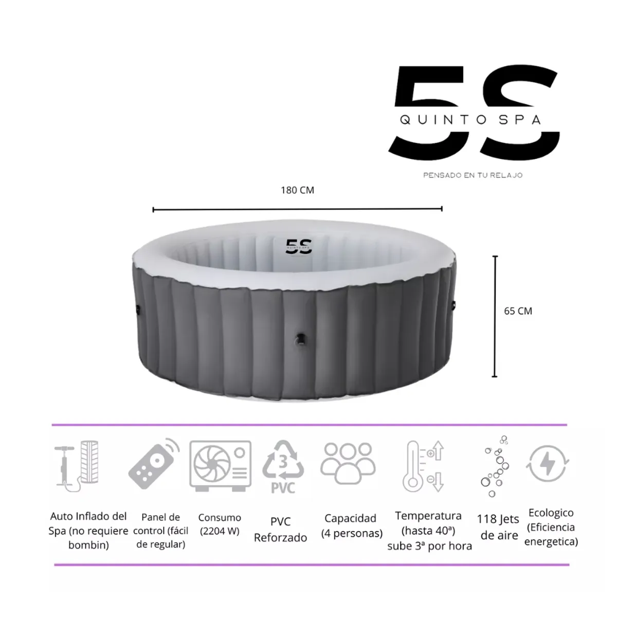 5 SUEÑO - Hot Tub Spa Inflable / Jacuzzi / Circular 4 Personas / 180x65cm