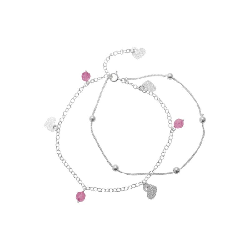 GENERICO - Tobillera de Plata Doble Cadena con Corazones y Circones