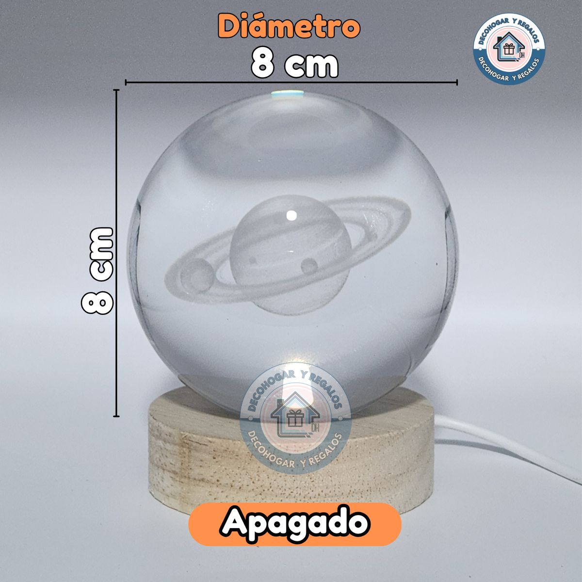 GENERICO - Lámpara de Noche Led / Bola Cristal 3D  Saturno 8cm