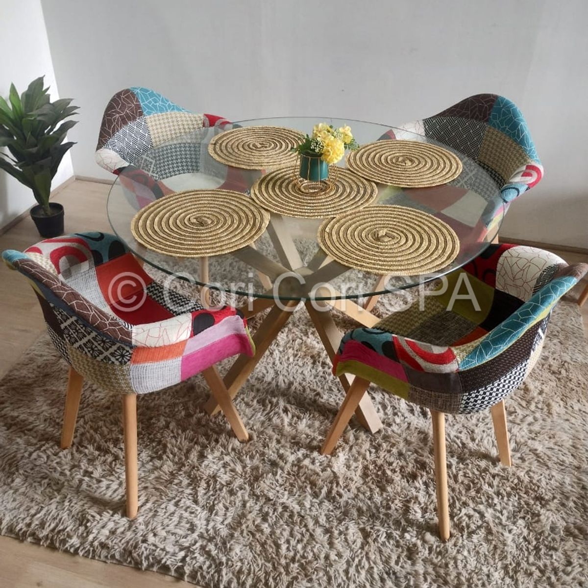 CORI CORI - Comedor Warwick 100cm + 4 Butacas Patchwork Wood