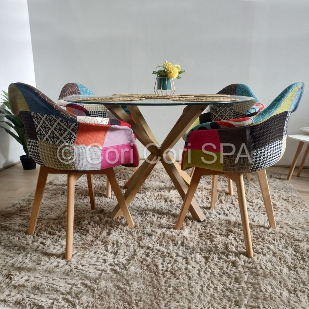 CORI CORI - Comedor Warwick 100cm + 4 Butacas Patchwork Wood