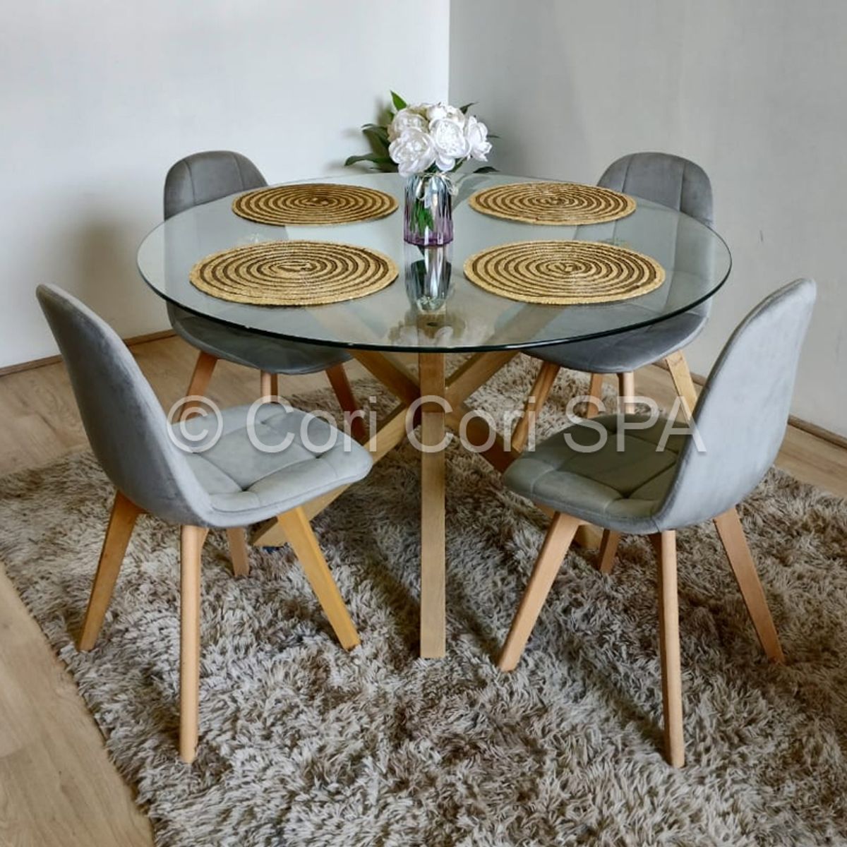 CORI CORI - Juego de Comedor Warwick 100cm +4 Sillas Capitonne Velvet Gris