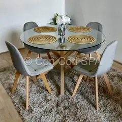 CORI CORI - Juego de Comedor Warwick Redonda 100cm +4 Sillas Capitonne Velvet Gris