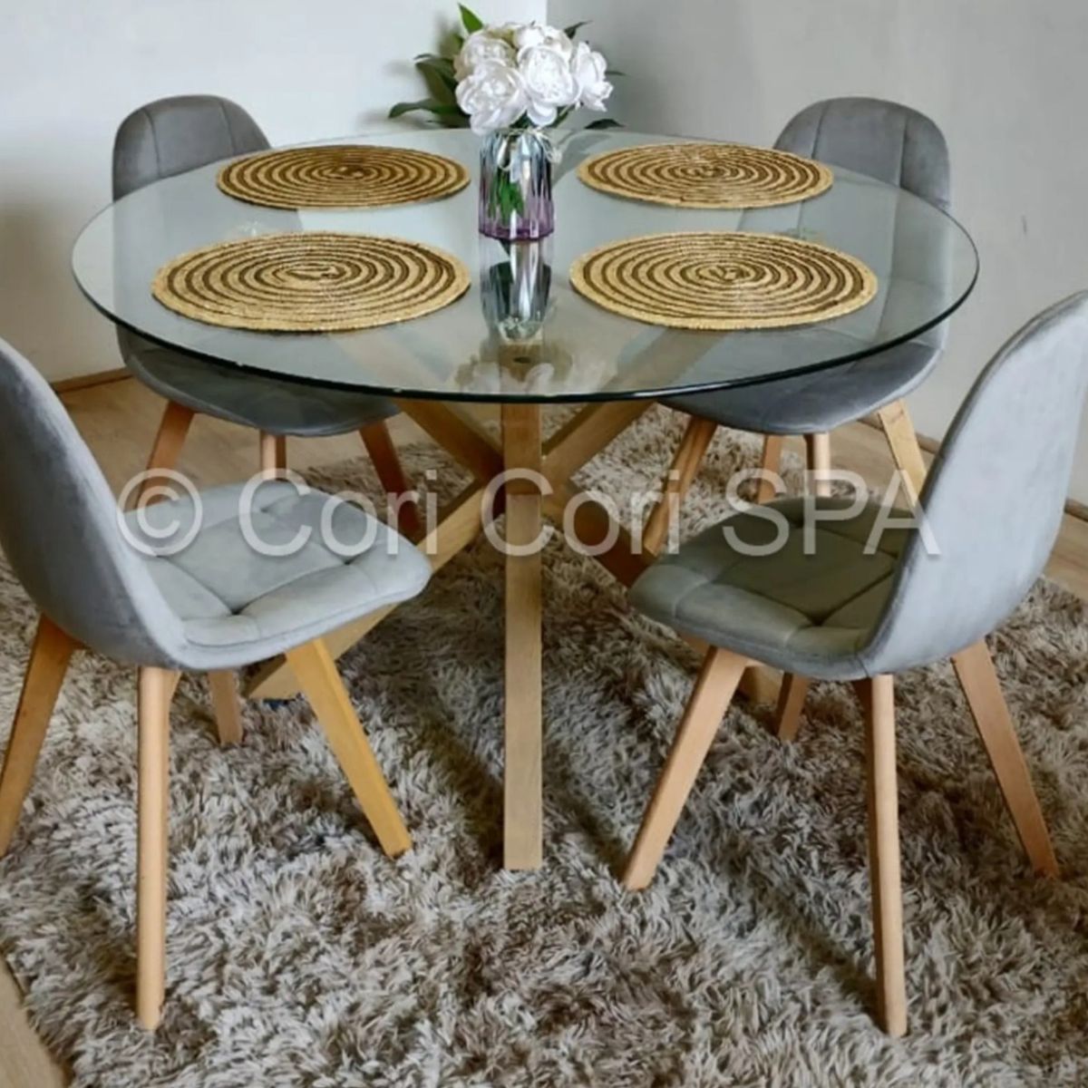 CORI CORI - Juego de Comedor Warwick 100cm +4 Sillas Capitonne Velvet Gris