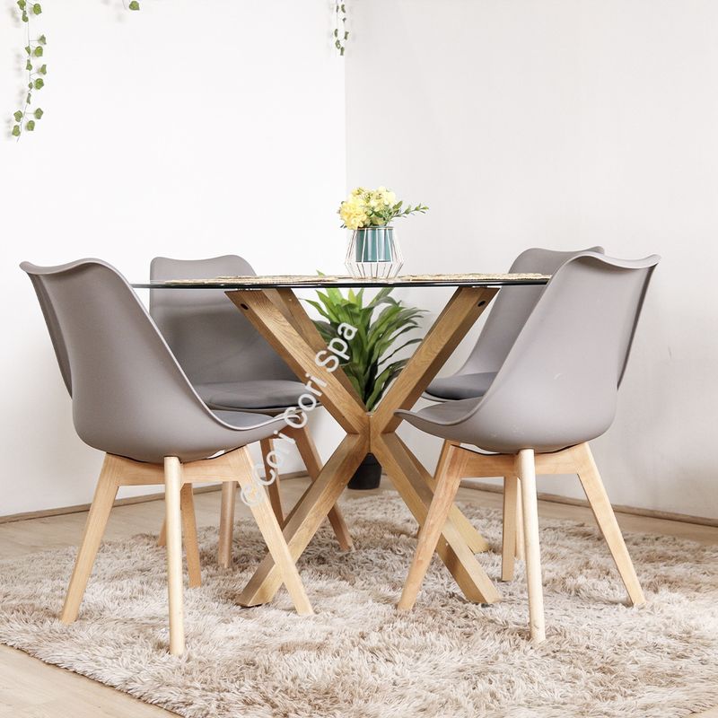 CORI CORI - Juego de Comedor Warwick Redonda 100cm + 4 Sillas Tulip Gris
