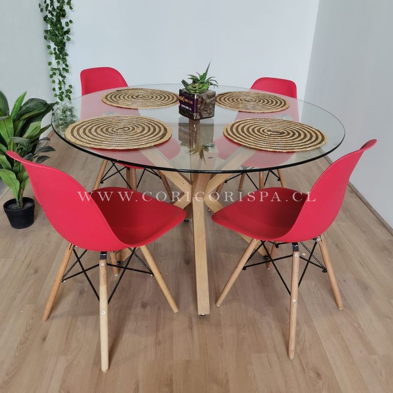 CORI CORI - Juego de Comedor Warwick 100cm + 4 Sillas Eames Rojas