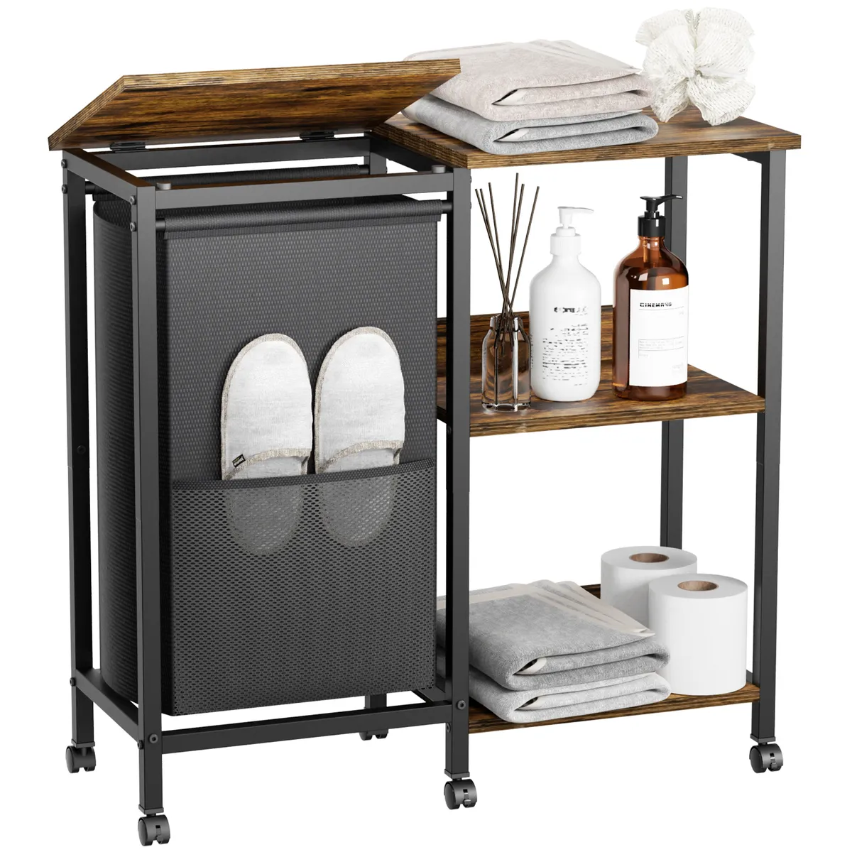 HALMAN - Mueble Organizador Baño Bambú con Cesto Ropa Sucia Extraíble