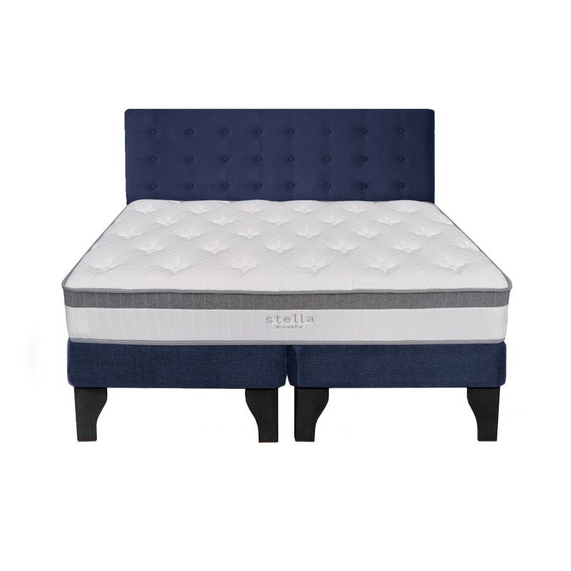 5 SUEÑO - Cama Europea 2 Plazas + Respaldo Capitoné Negro Azul