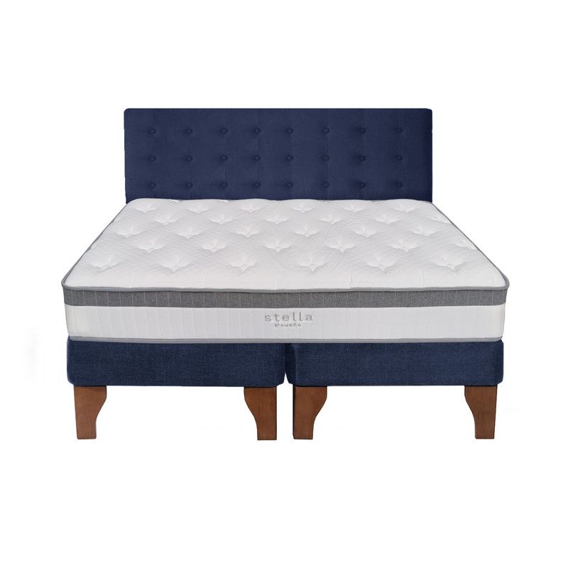 5 SUEÑO - Cama Europea 2 Plazas + Respaldo Capitoné Madera Azul