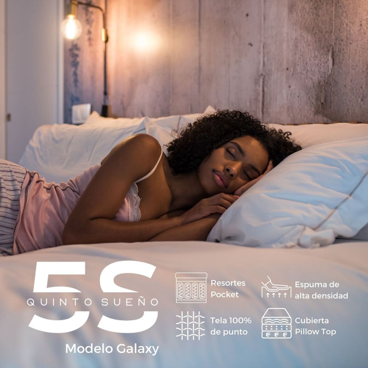 5 SUEÑO - Cama Europea 2 Plazas + Respaldo Tubular Negro Azul