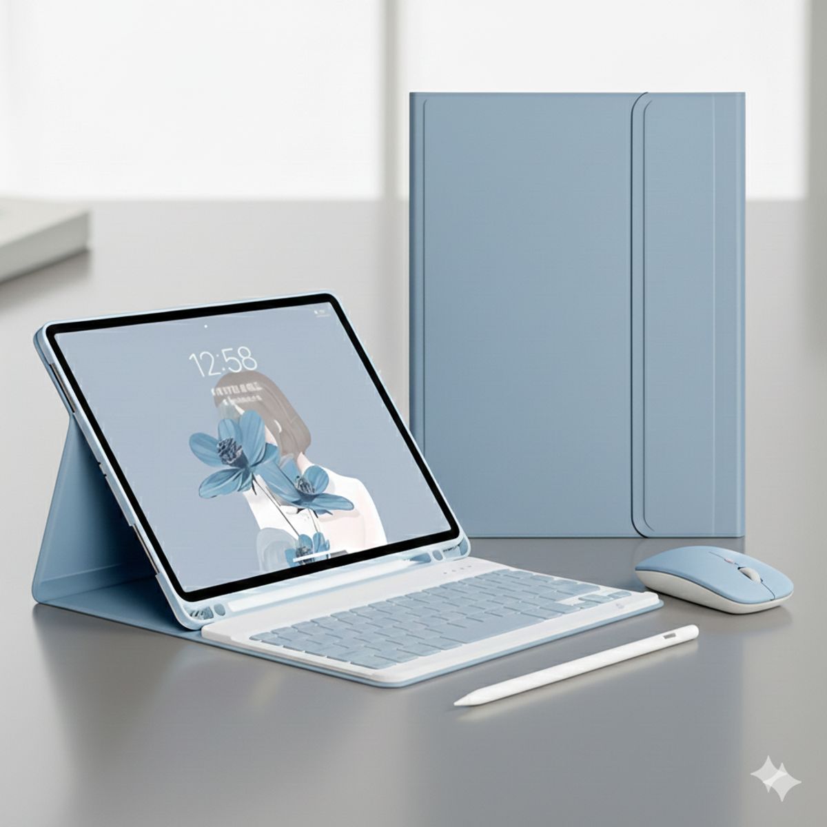 GENERICO - PACK SMART IPAD 10.2 Funda CELESTE con teclado mouse y lápiz táctil